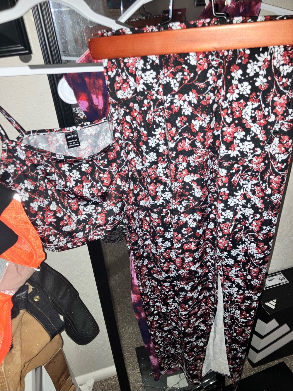 SHEIN Black Floral Spaghetti-Strap Jumpsuit with Red & White Flowers